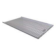 Gray rolling bench tray with drainage and raised edge on white background.