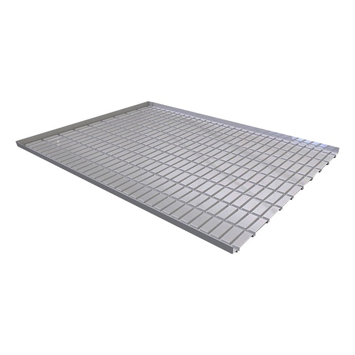 A silver rolling bench tray with a grid pattern, suitable for hydroponics or greenhouse use.