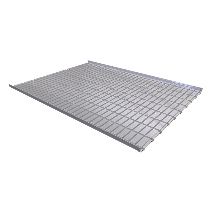 Silver rolling bench tray with a grid pattern, 5ft wide.