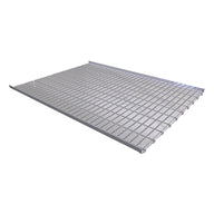 Silver rolling bench tray with a grid pattern, 5ft wide.