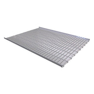 Silver metal rolling bench tray with a grid pattern on a white background.