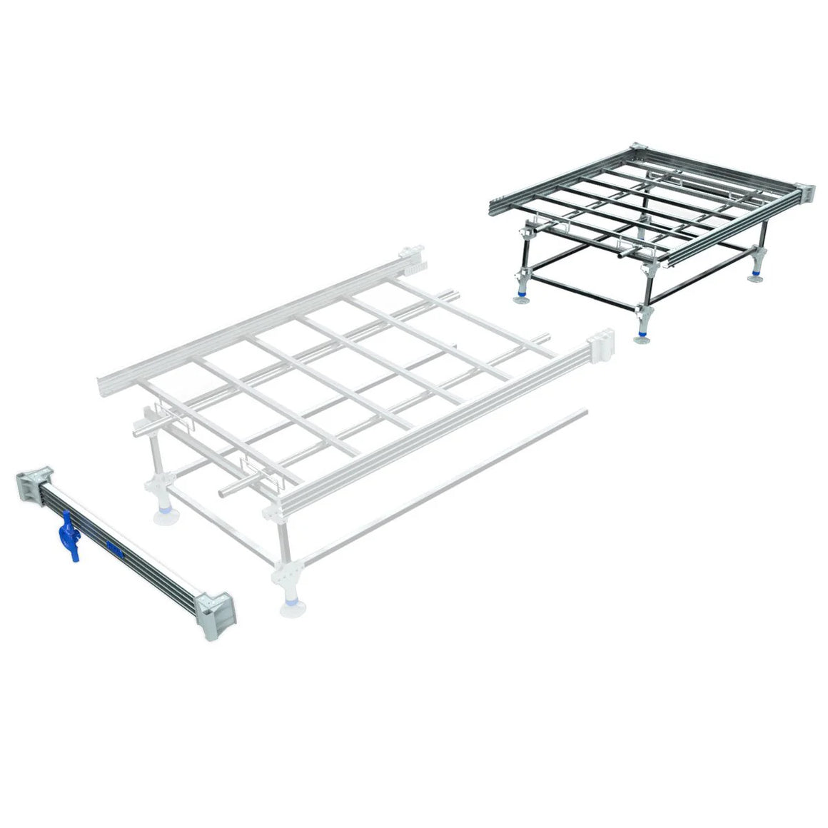 A set of hydroponic rolling bench parts, including a metal frame with legs and a separate corner kit.