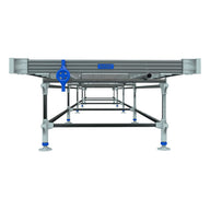 A silver rolling bench with a blue crank and supports.