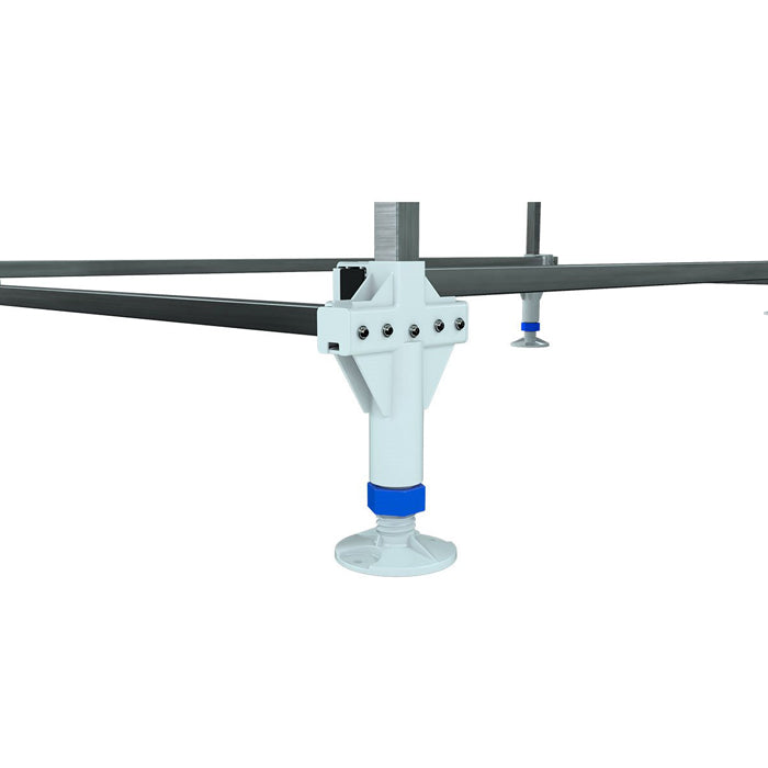 White bench extender kit with blue adjustment knob and metal bars on white background.