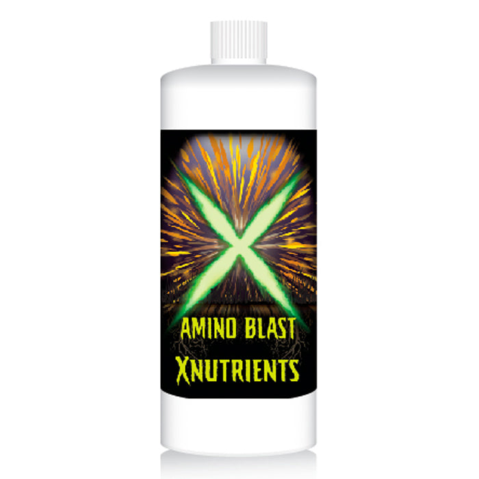 White bottle of AMINO BLAST XNUTRIENTS with a green X on a black label featuring an explosive graphic.
