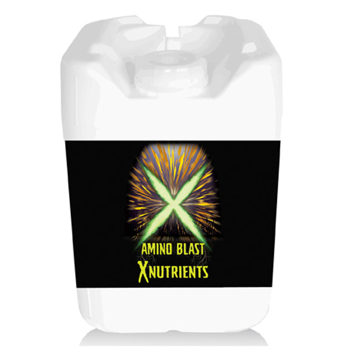 White plastic jerry can with black label for AMINO BLAST XNUTRIENTS. Green X logo over yellow burst effect.