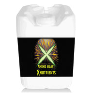 White plastic jerry can with black label for AMINO BLAST XNUTRIENTS. Green X logo over yellow burst effect.