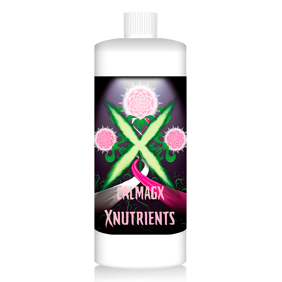 CALMAGX XNUTRIENTS white bottle with a dark label featuring a green X, pink flowers & ribbons.