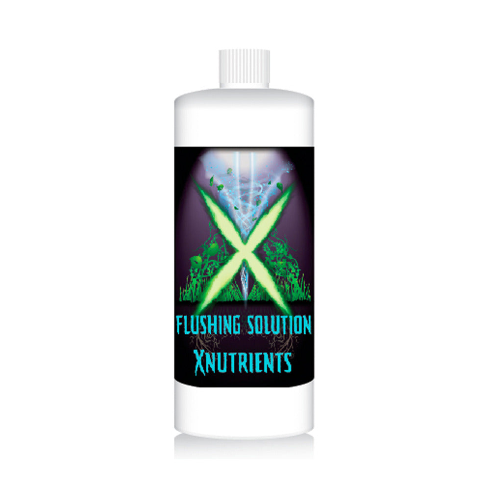 White bottle of X-Nutrients Flushing Solution. Label shows green 'X' logo with swirling leaves and roots.