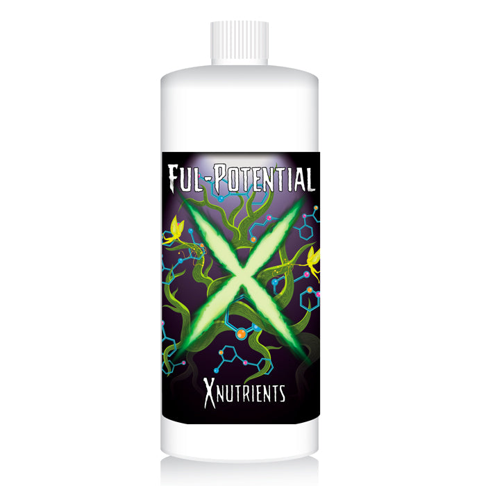 White bottle: FUL-POTENTIAL XNUTRIENTS plant nutrient. Label shows glowing X, tendrils, and molecules.