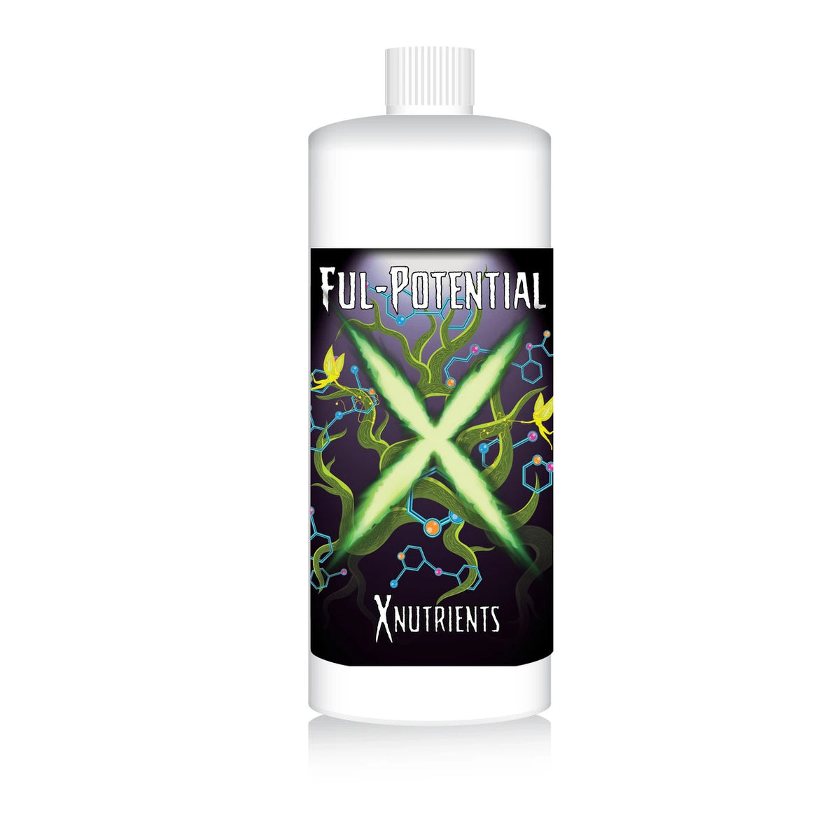 White bottle: FUL-POTENTIAL XNUTRIENTS plant nutrient. Label shows glowing X, tendrils, and molecules.