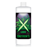White bottle with black label featuring green plants, a glowing X, and 'GROW XNUTRIENTS' text.