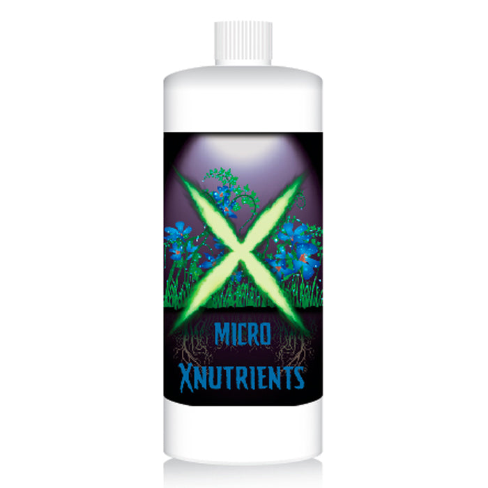 White bottle of MICRO XNUTRIENTS plant fertilizer with a bright green X logo, blue flowers, and roots on the label.