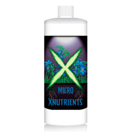 White bottle of MICRO XNUTRIENTS plant fertilizer with a bright green X logo, blue flowers, and roots on the label.