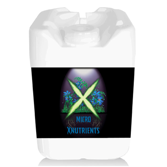 White liquid nutrient jug with black label featuring glowing green 'X', blue flowers, roots, and 'MICRO XNUTRIENTS'.