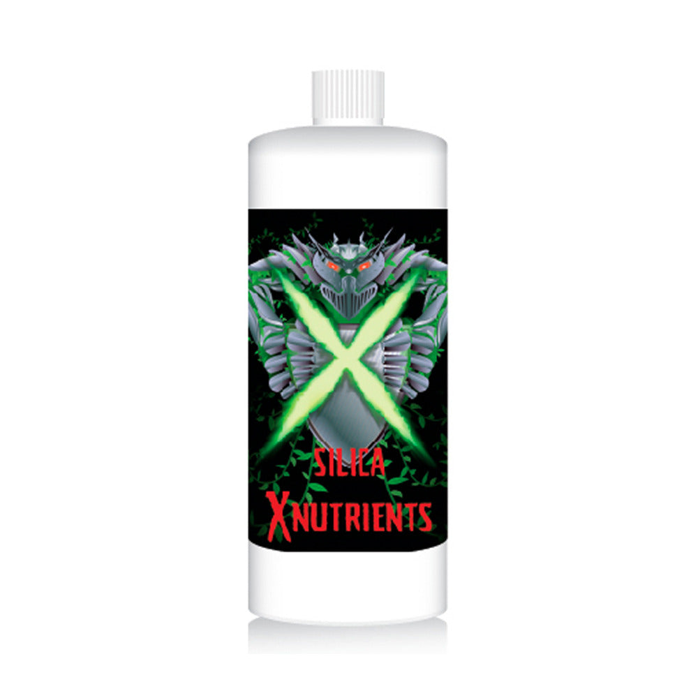 White bottle, black label, metallic warrior with red eyes, glowing green X, green vines, 'SILICA XNUTRIENTS'.
