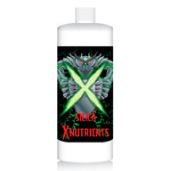 White bottle, black label, metallic warrior with red eyes, glowing green X, green vines, 'SILICA XNUTRIENTS'.