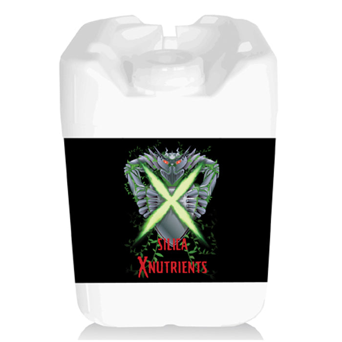 White plastic nutrient jerry can with a black label featuring a metallic creature, glowing green 'X', and 'SILICA XNUTRIENTS'.