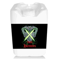 White plastic nutrient jerry can with a black label featuring a metallic creature, glowing green 'X', and 'SILICA XNUTRIENTS'.