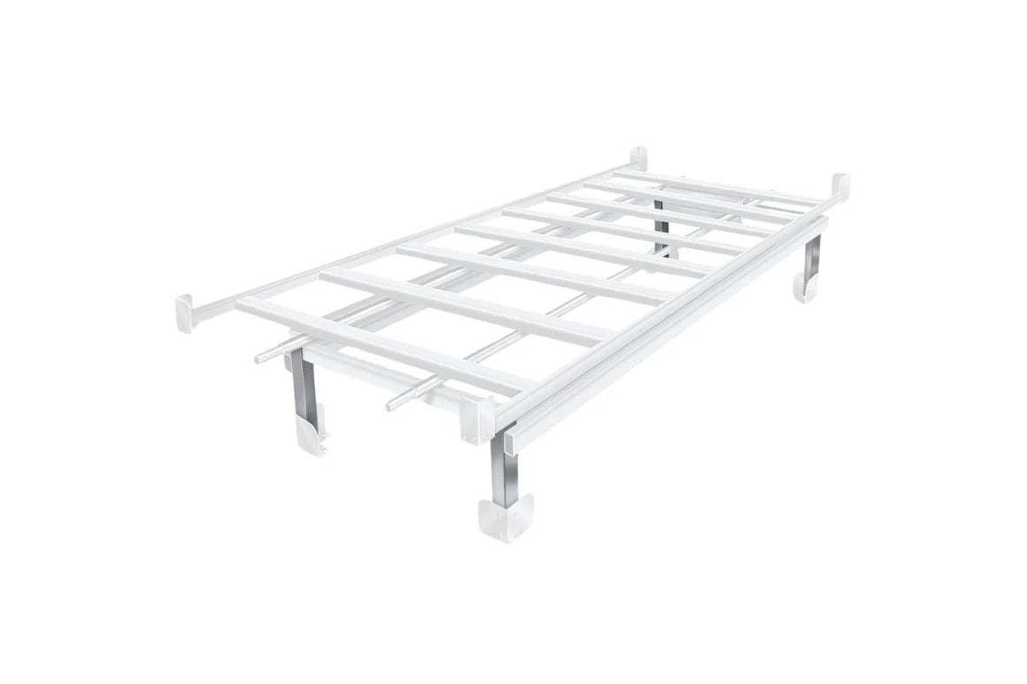 White metal bench frame with angled legs, likely a kit for a 4x8 bench.