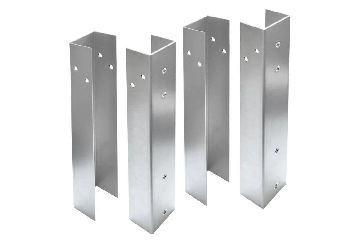 Four silver metal U-shaped bench legs with pre-drilled holes on white background.