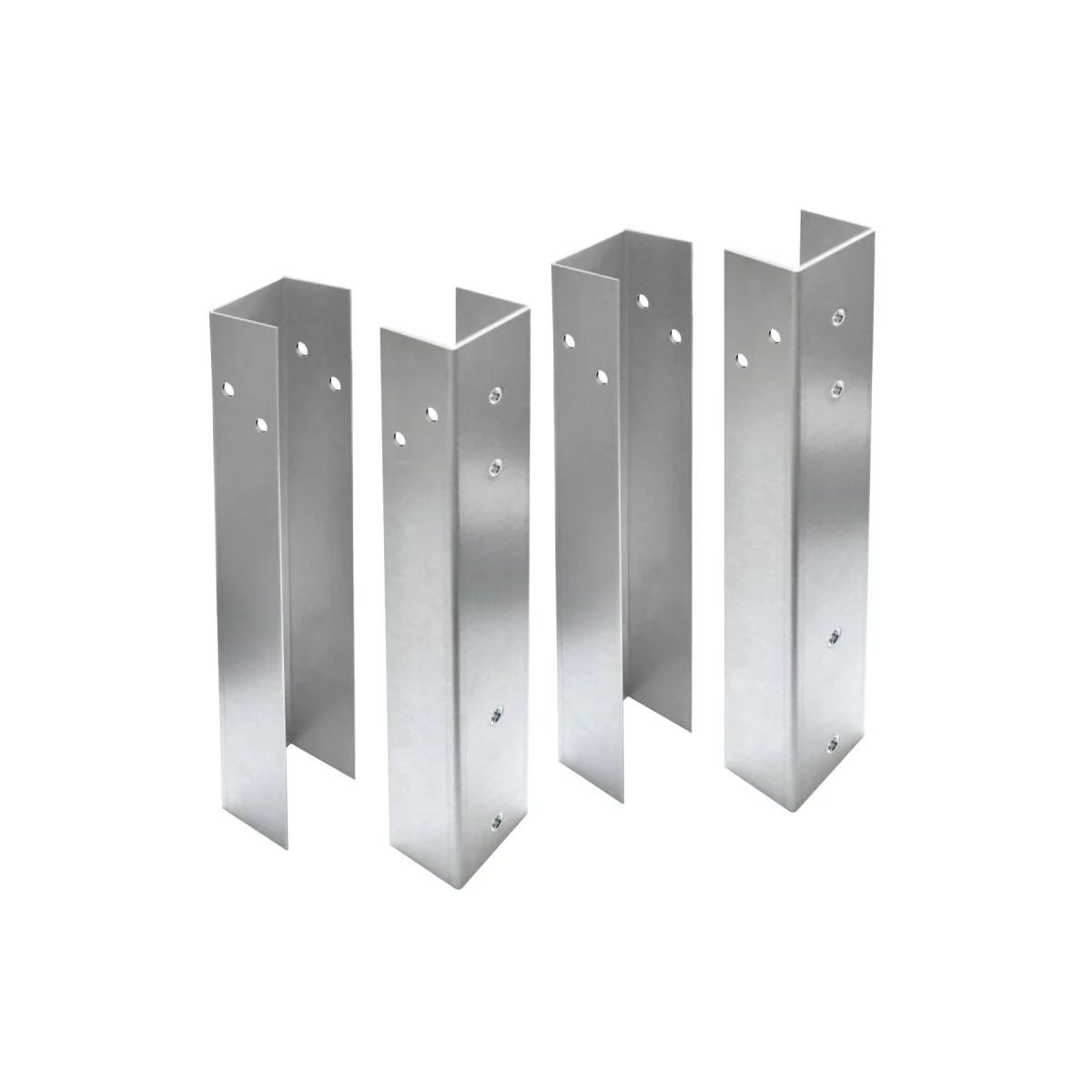 Four silver metal U-shaped bench legs with pre-drilled holes on white background.