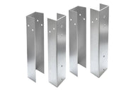 Four silver metal U-shaped bench legs with pre-drilled holes on white background.