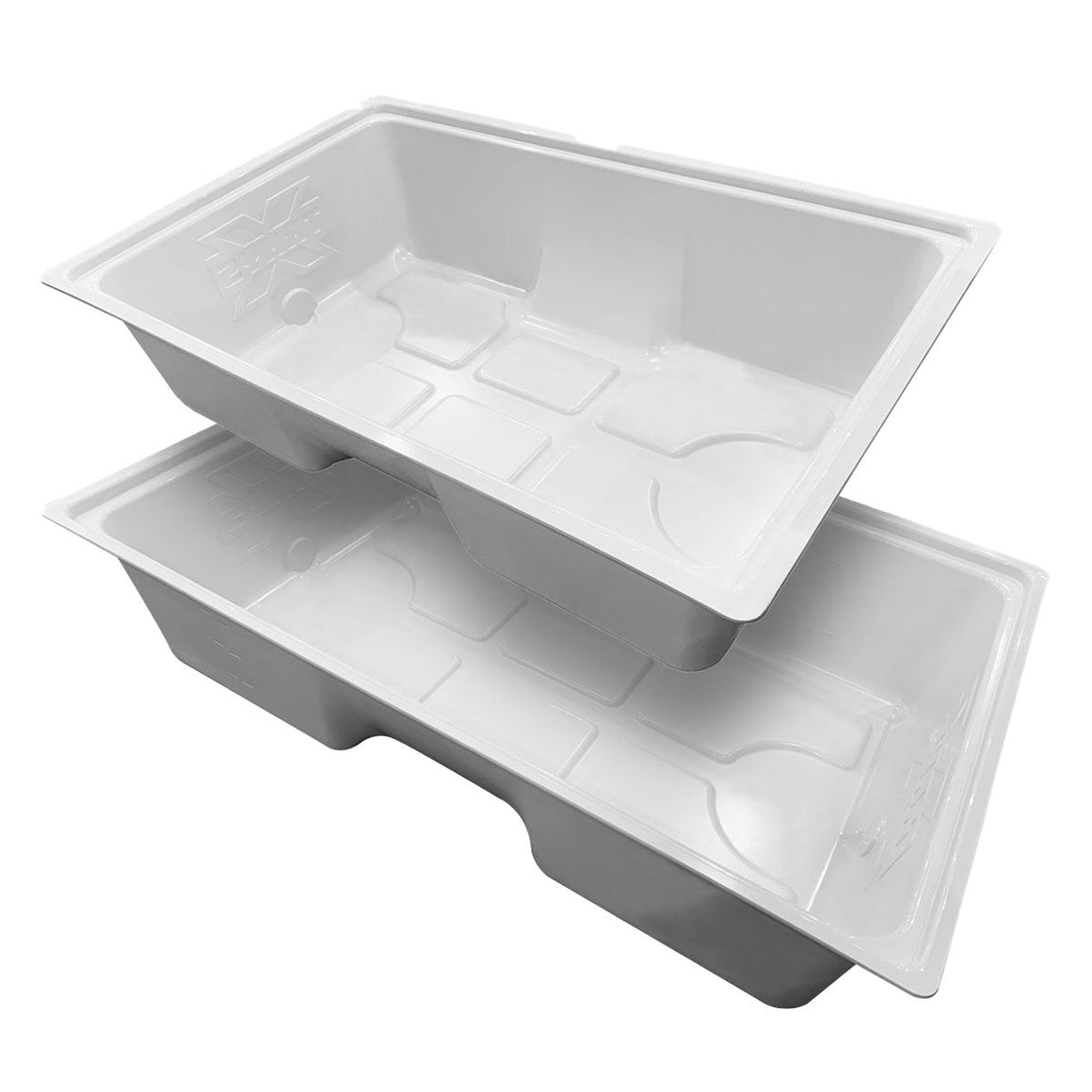 Stack of two white plastic XTrays Classic reservoirs, showing molded compartments and branding.