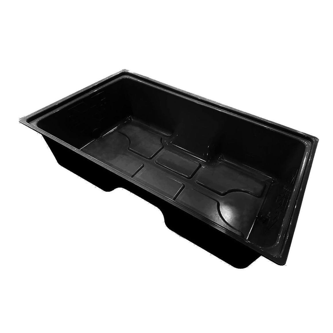 Black 100-gallon reservoir tray with internal dividers and cutouts for hydroponic systems.