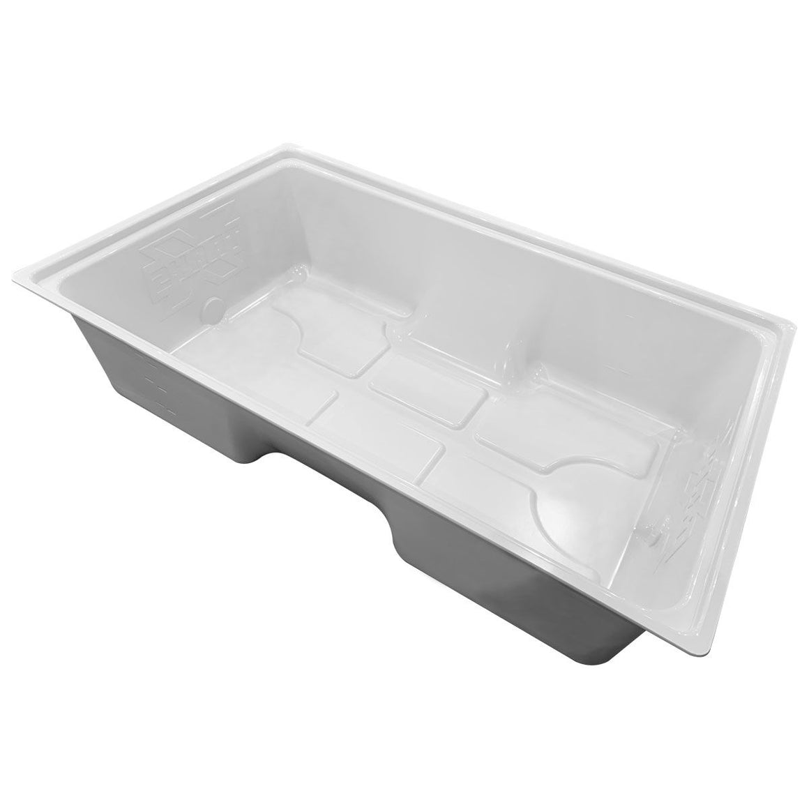 White plastic 100-gallon reservoir with molded dividers and cutout handles.
