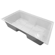 White plastic 100-gallon reservoir with molded dividers and cutout handles.