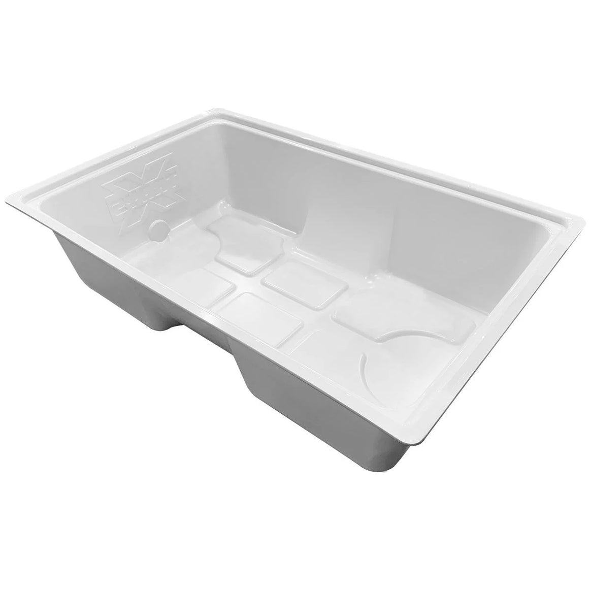 White XTrays Classic 75-gallon reservoir with molded compartments and logo.
