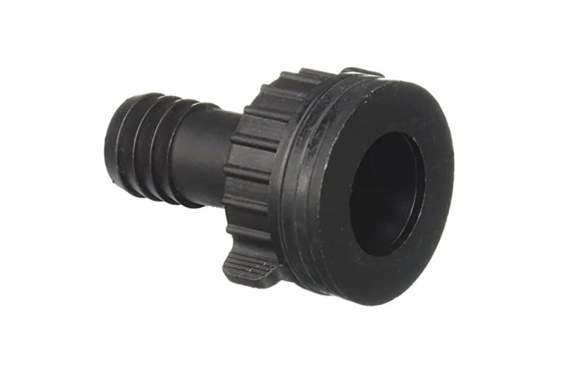 Black ribbed plastic hose adapter with a threaded collar and a wide outlet opening.