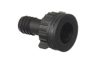 Black ribbed plastic hose adapter with a threaded collar and a wide outlet opening.