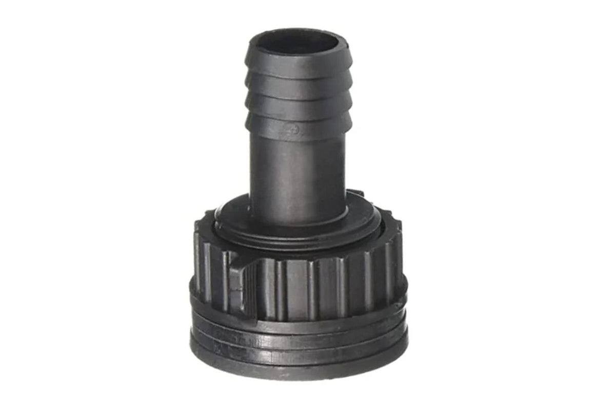 Black plastic barbed hose fitting with a threaded base.