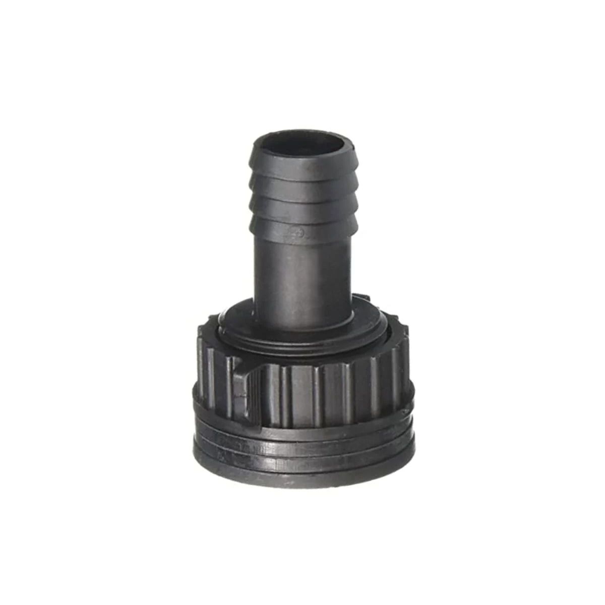Black plastic barbed hose fitting with a threaded base.