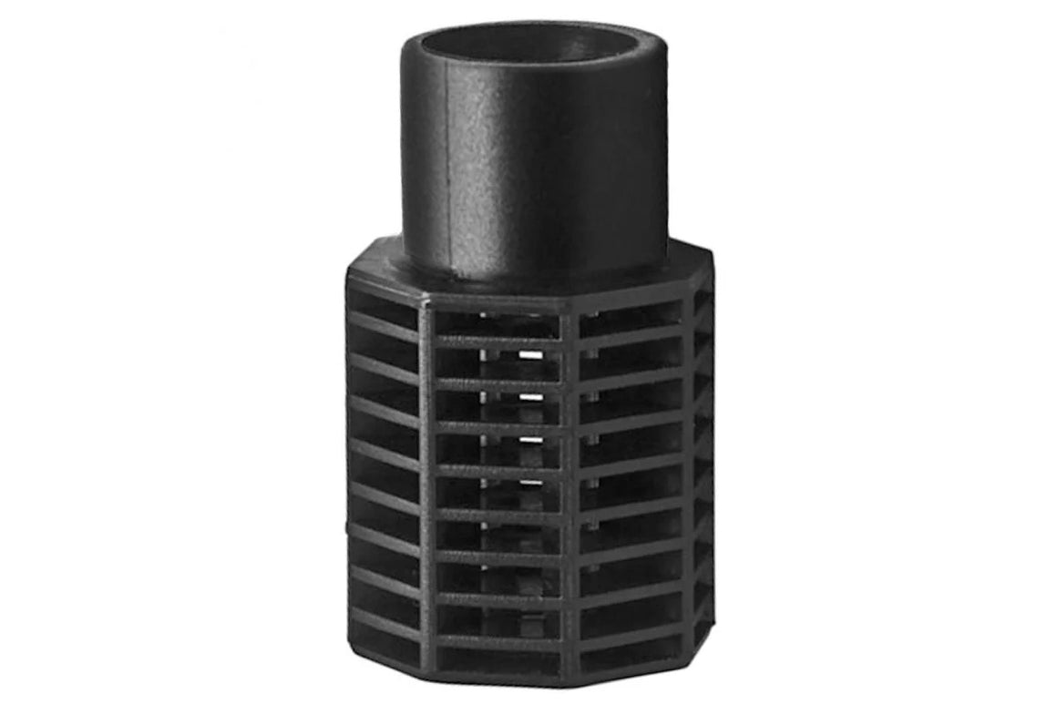 Black plastic drain fitting screen with a cylindrical connector.