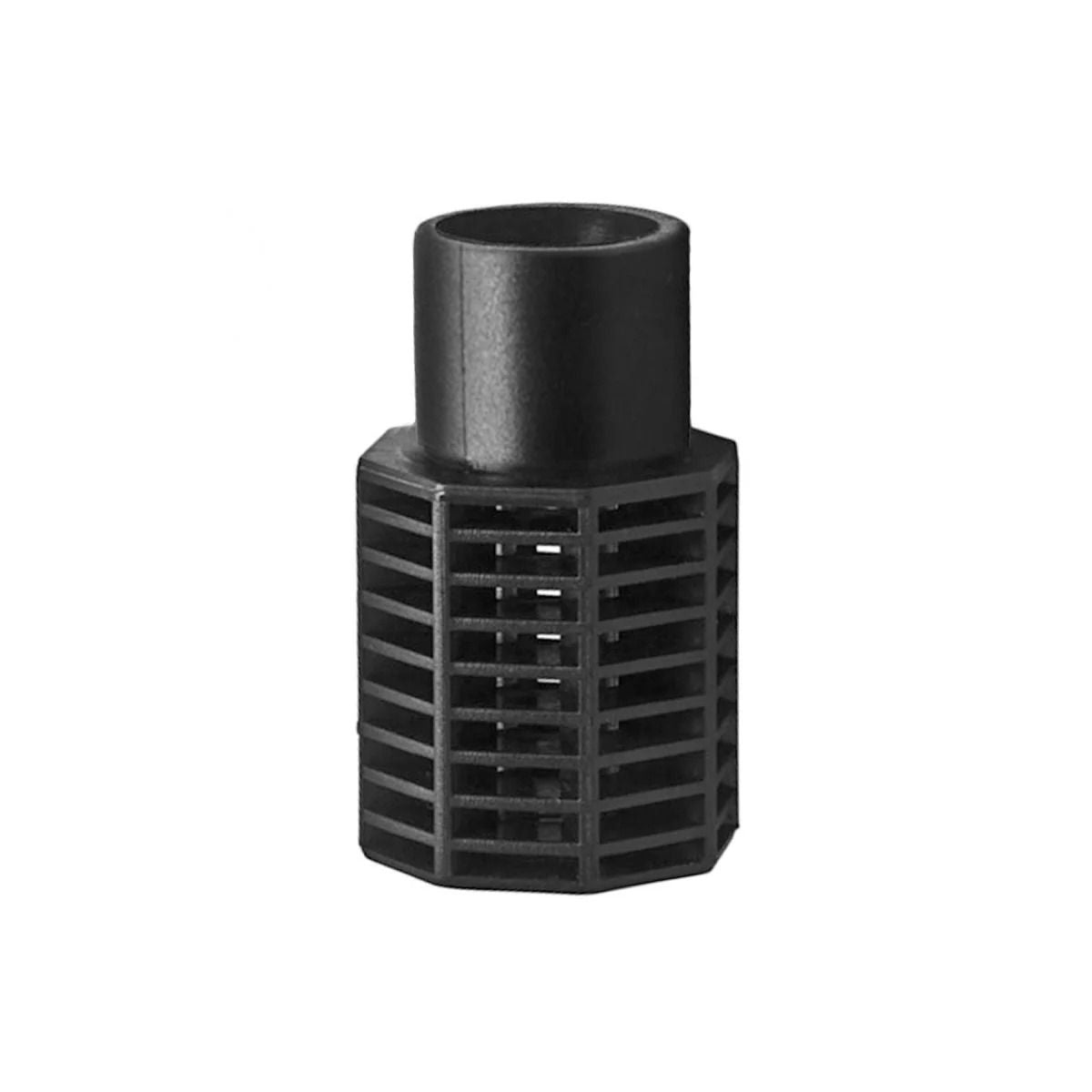 Black plastic drain fitting screen with a cylindrical connector.