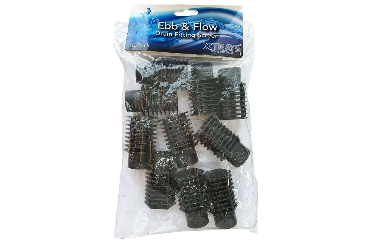 Pack of 10 black XTrays Ebb & Flow drain fitting screens for hydroponic systems.