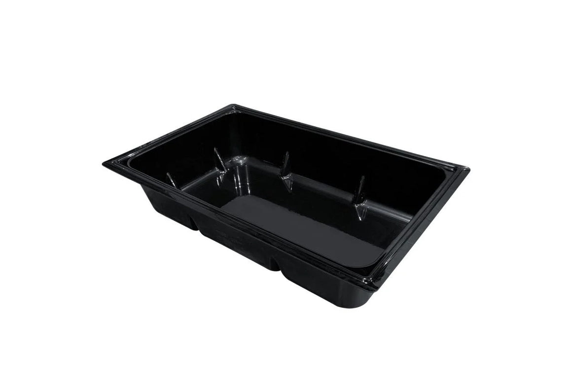 Black plastic reservoir tray with raised compartments and smooth sides, isolated on white background.