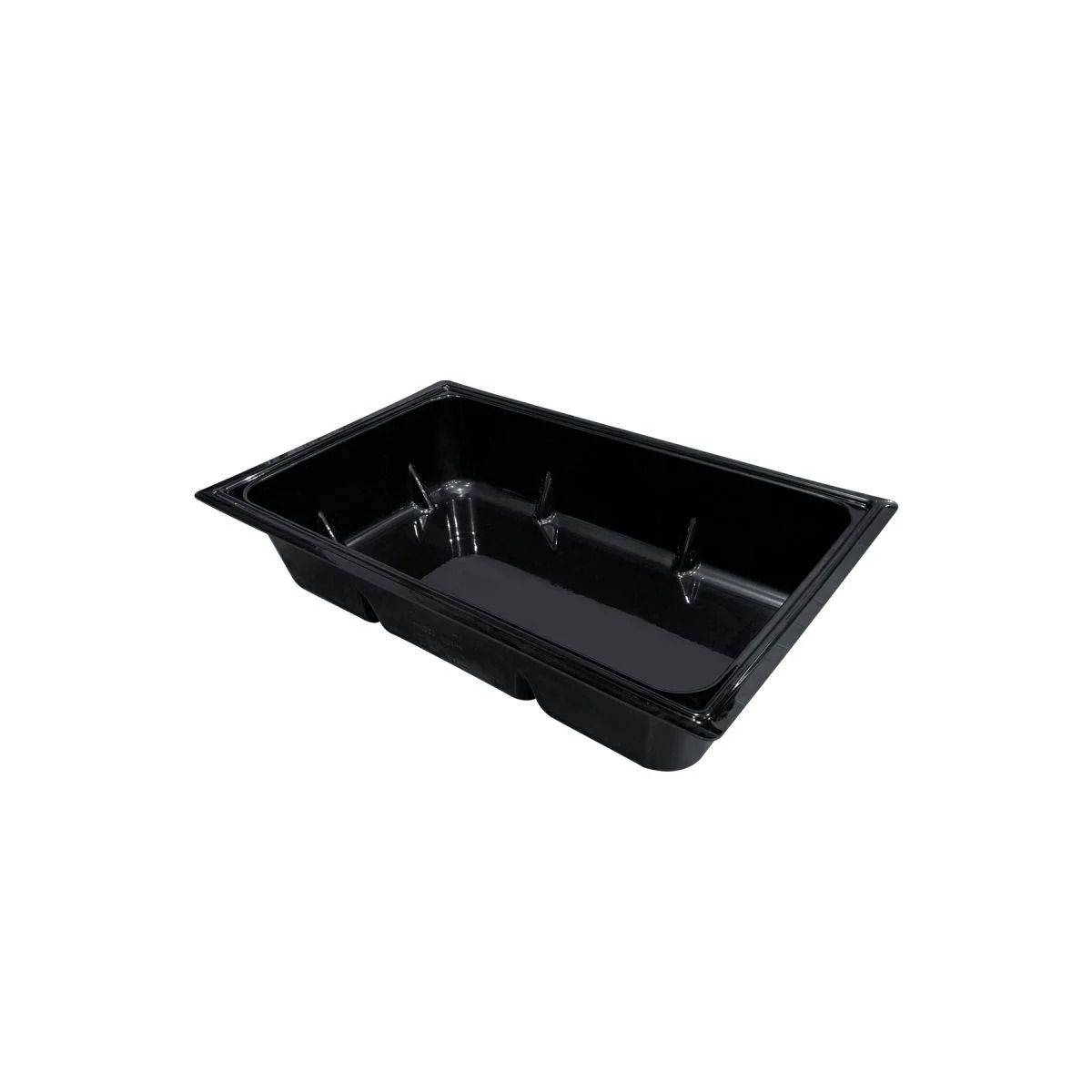 Black plastic reservoir tray with raised compartments and smooth sides, isolated on white background.