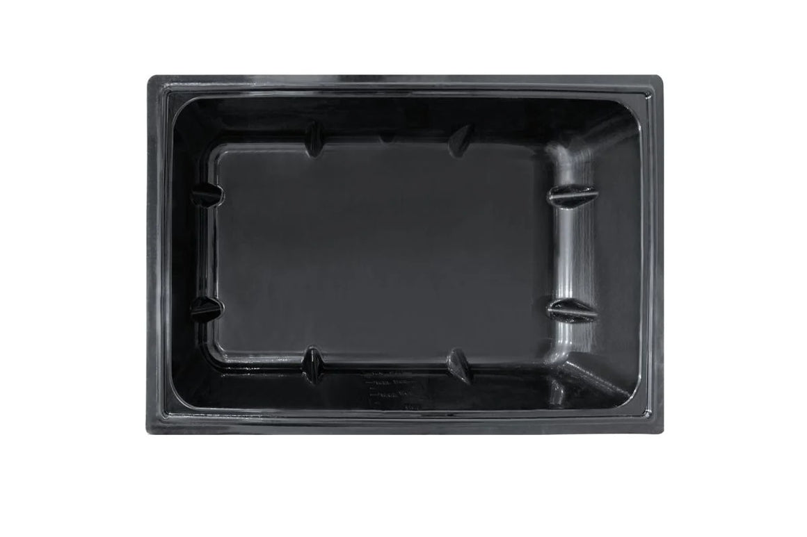 Top view of a glossy black, rectangular plastic reservoir with rounded corners and ribbed supports inside.