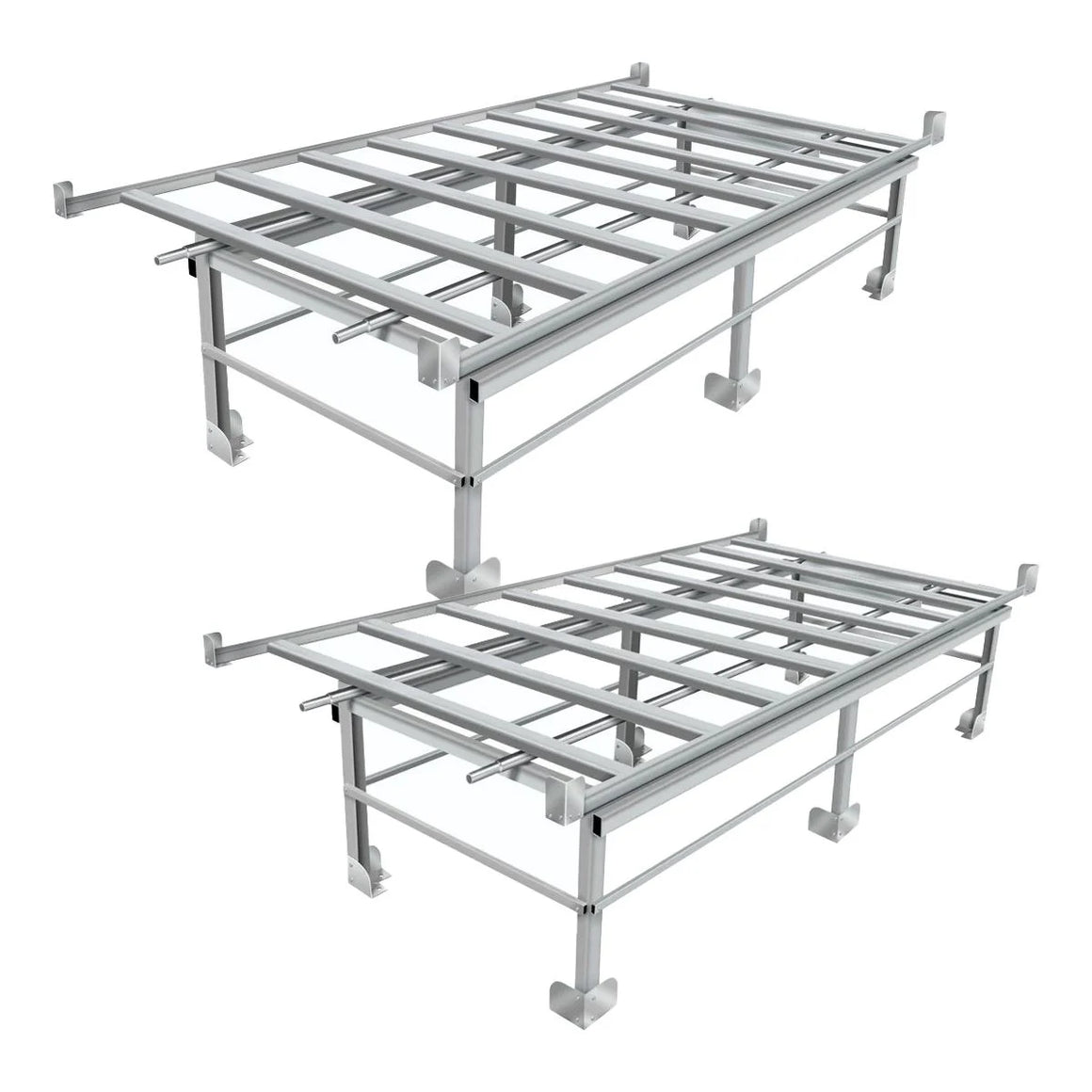 Two metal rolling benches with mesh tops on a white background.