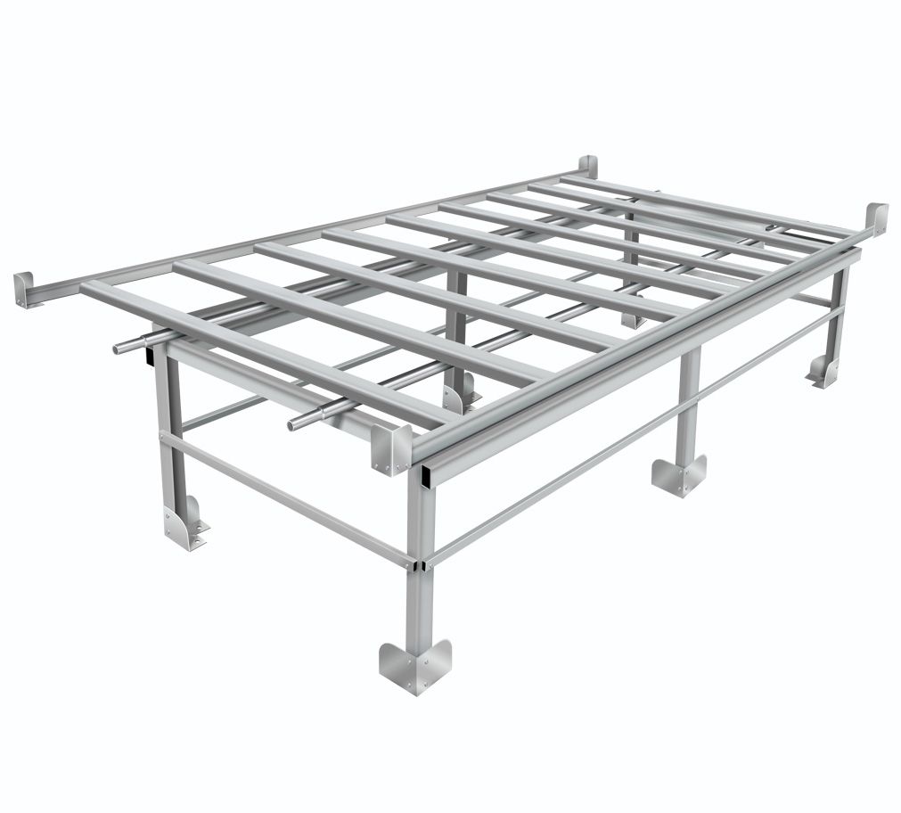 Silver metal rolling bench frame, 4x8, with multiple horizontal supports and legs.