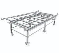 Silver metal rolling bench frame, 4x8, with multiple horizontal supports and legs.