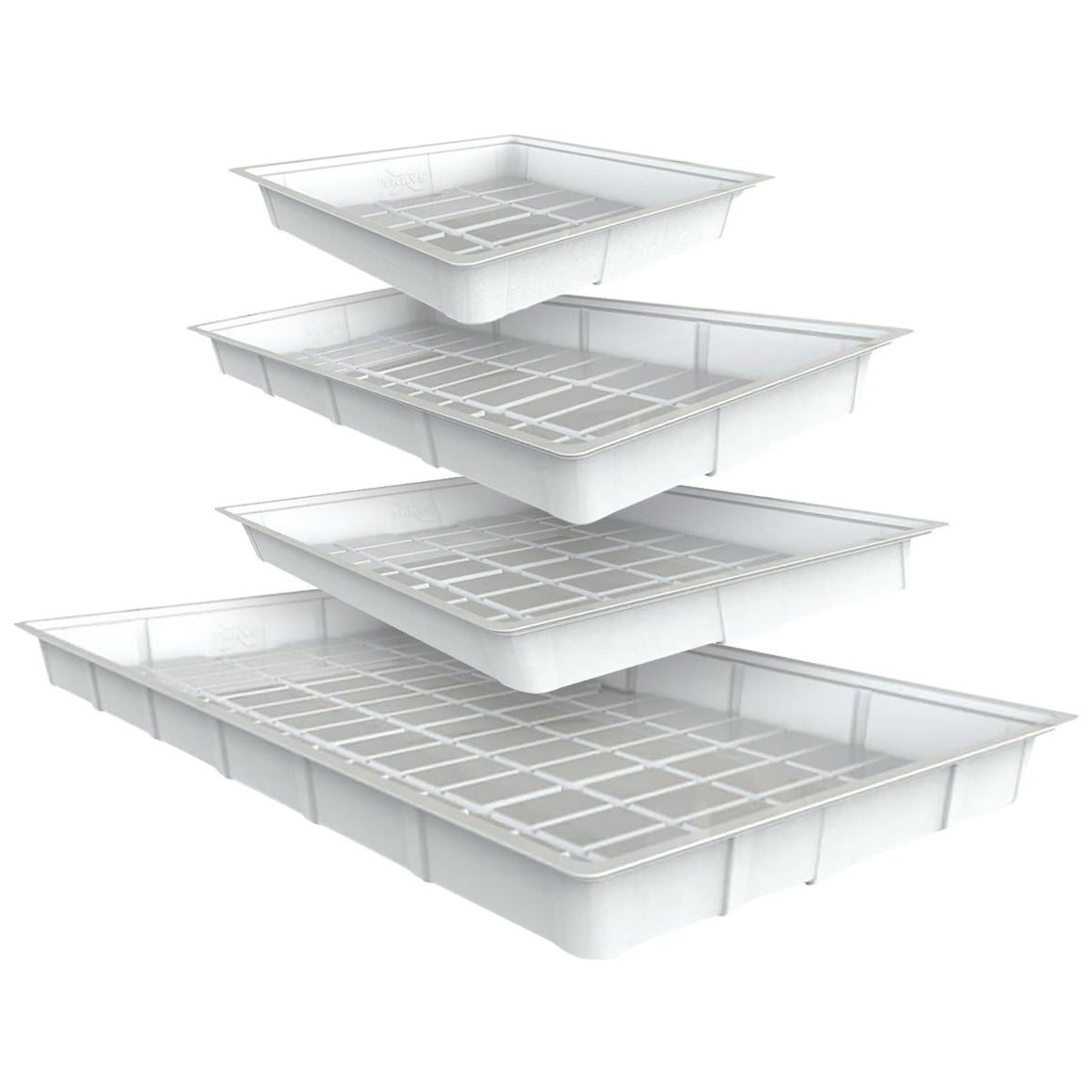 Four white flood tables with grids stacked in descending size, isolated on white.