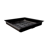 Black plastic flood table with grid for gardening.
