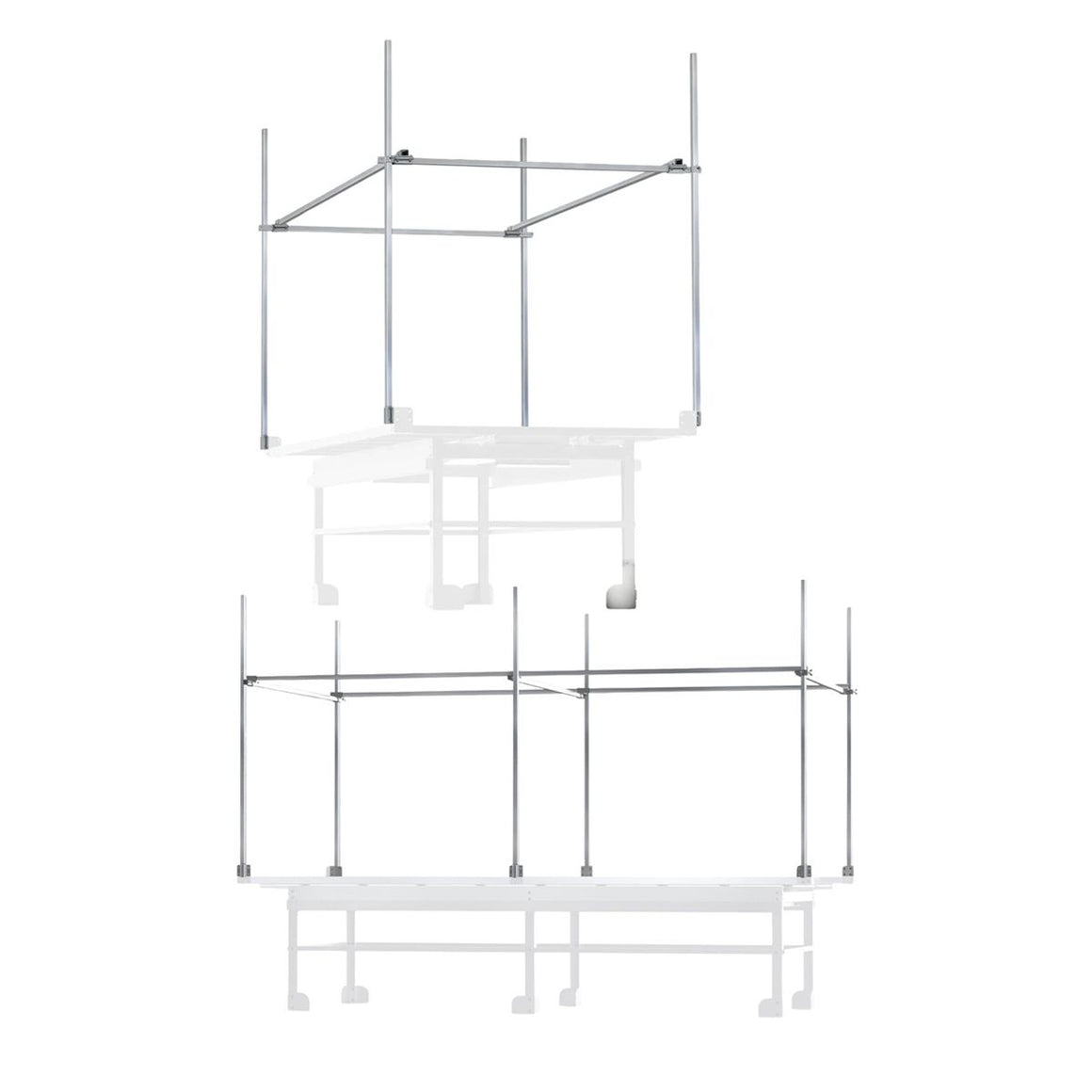 A white background shows two tiered metal trellis netting support systems for plants.