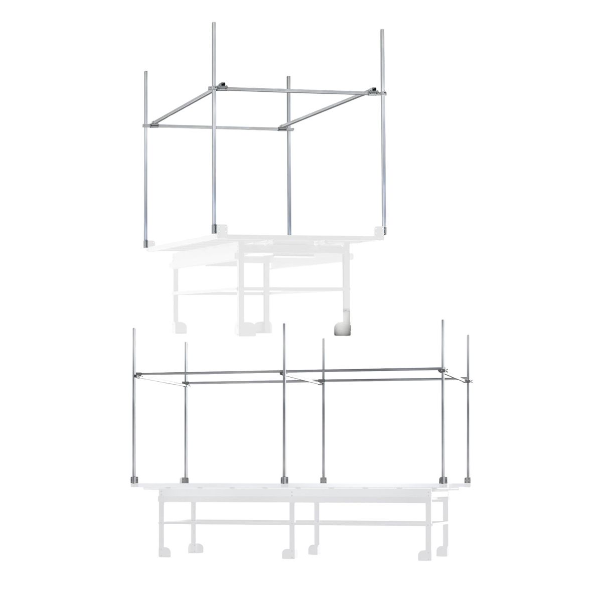 A white background shows two tiered metal trellis netting support systems for plants.
