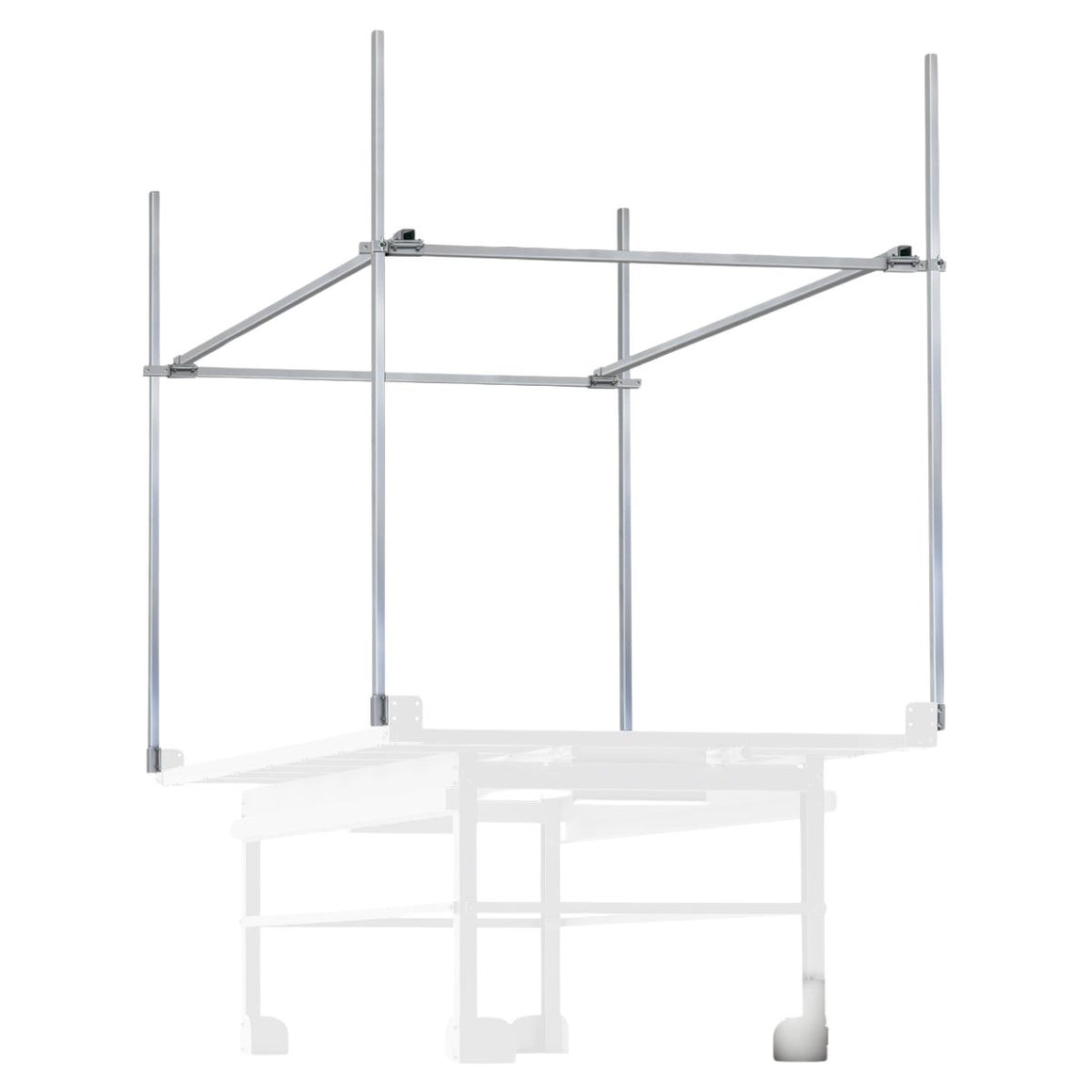 Metal trellis netting support system with four vertical poles and a horizontal frame.